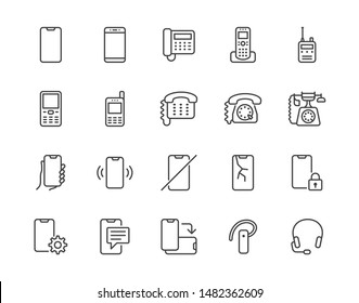 Phone flat line icons set. Smartphone, landline telephone, portable device, walkie talkie, broken display vector illustrations. Outline signs technology store. Pixel perfect. Editable Strokes.