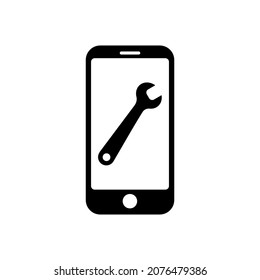 Phone with flat spanner icon symbol for app and web