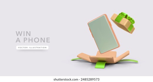 Phone flies out of the gift box in 3D cartoon style. Vector illustration