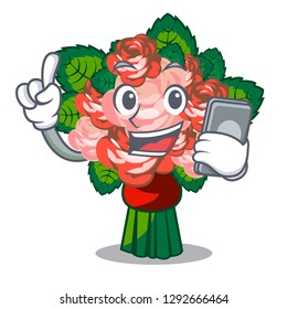 With phone flower bouquet on wooden cartoon table