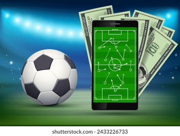 Phone with football game tactics on the screen. Sports betting. Paper money in the background. Soccer ball in the stadium. Stock vector illustration