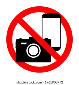 Phone forbidden sign. Photography prohibited. Photo ban icon with camera and mobile. Stop symbol of use cellphone, call smartphone, do video. Area of warning about telephone off. Logo of mute. Vector.