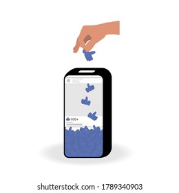 The phone in the form of a piggy bank collects likes. Hand puts the icon hand blue color with the thumb up into the money box. The concept of people dependence on social networks. Vector