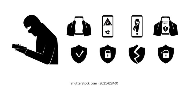 Phone fraud. Hacking the protection. Hacker attack. The concept of spam data, insecure connection, online fraud and malware through fake calls, phishing, social engineering. Set of vector icons.