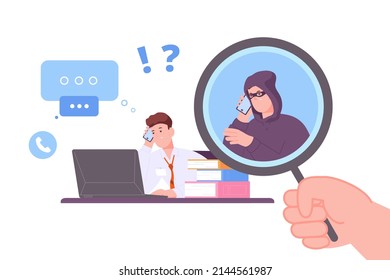 Phone frauding. Internet scammer attract people and blackmail money identity call, cyber theft hacking banking card on calls, vector illustration. Fraud and scammer criminal