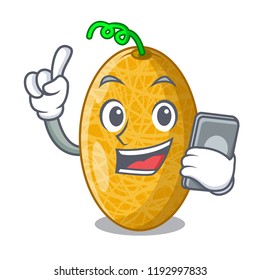 With phone fresh honeydew melon on cartoon table