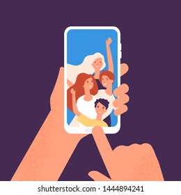 Phone with friends photo. Hands holding smartphone with happy smiling people portraits together. Taking friend selfie vector illustration concept