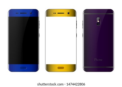 Phone front and back view on white background with camera, smartphone layout with empty space,multi-colored phones, realistic vector illustration