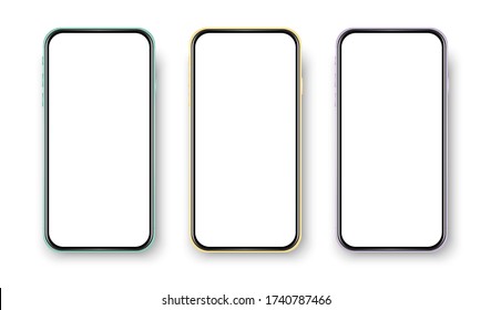 Delante de teléfono, vista realista sobre fondo blanco. Conjunto de teléfonos celulares coloridos. Fashion phone frames. Teléfono vacío.