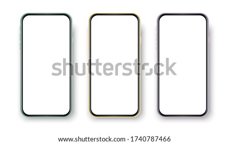 Phone front, realistic view on white background. Set of colorful cell phone. Fashion phone frames. Empty phone.