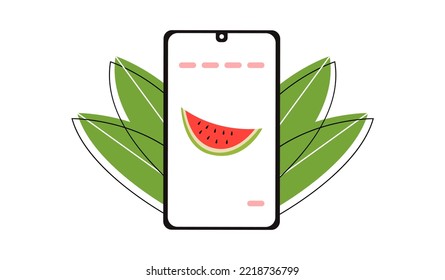 A phone with fruit on the screen.  Illustration for a website, banner. Mobile app with food delivery