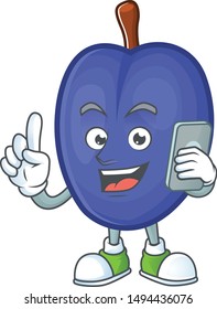 With phone fruit prunes cartoon on white background.