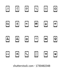 Phone function flat icons in gray. Set of 16 pieces.