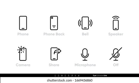 Phone Functions and Apps icons set. Bell, Speaker, Camera, Microphone, etc. Editable vector stroke