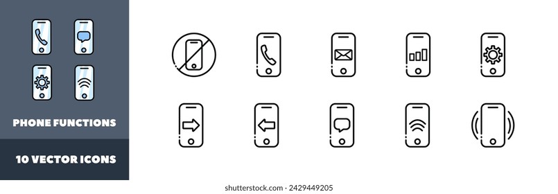 Phone functions icon set. Smartphone indicators. Linear style. Vector icons