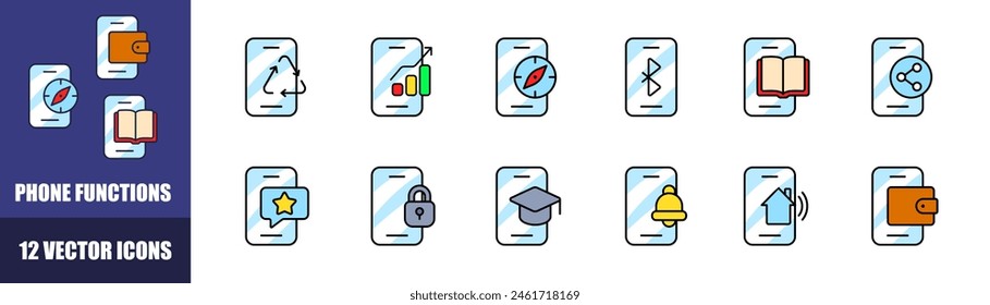 Die Symbole für die Telefonfunktionen sind gesetzt. Smartphone-Set. Flacher Stil. Vektorsymbole