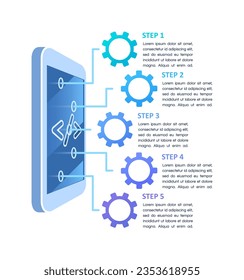 Plantilla de diseño de gráfico de infografía de funciones de teléfono. Resumen de infografía con espacio de copia. Gráficos instructivos con secuencia de 5 pasos. Presentación de datos visuales. Calibri negrita, fuentes regulares questriales utilizadas