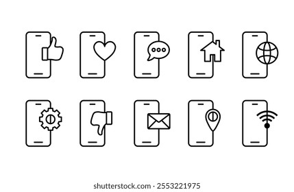 Funções do telefone definem ícones. Estilo linear. Ícones de vetor.