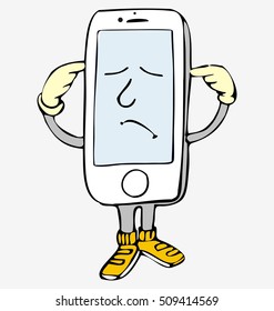 Phone, funny little man from a smart phone with white body and yellow shoes on his foot closing his ears with hands. With twisted mouth and closed eyes .