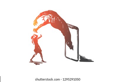 Phone, gadget, addiction, woman, media concept. Hand drawn monster attack woman from smartphone concept sketch. Isolated vector illustration.