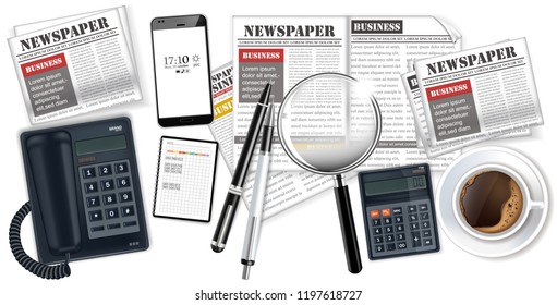 Phone, gadgets, coffee and newspapers Vector realistic set. 3d detailed illustrations