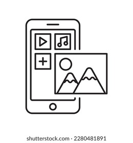 Ilustración de diseño del icono Esquema del vector de la Galería de teléfonos. Símbolo de tecnología móvil sobre archivo EPS 10 de fondo blanco
