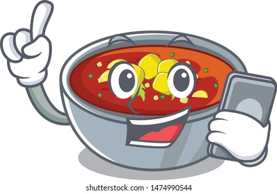 With phone gazpacho is poured into cartoon bowl