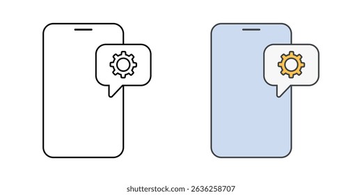 Phone with gear and chat bubble in outline and color styles, vector icon representing mobile tech support, app configuration help, or customer service via messaging.
