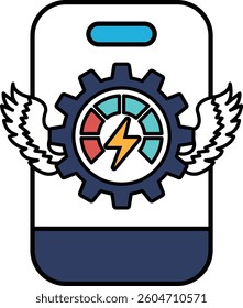 A phone with a gear and wings on it. The gear is blue and the wings are white