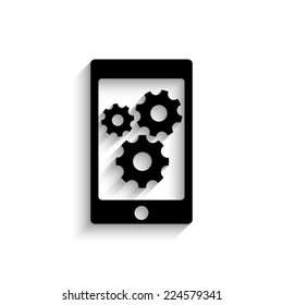 phone with gears and cogs  - black vector icon with shadow