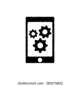 phone with gears and cogs - black vector icon