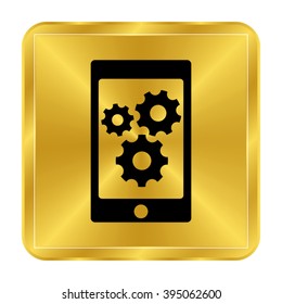 phone with gears and cogs - black vector icon ; gold button