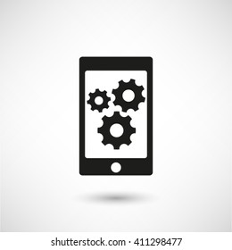phone with gears and cogs - black vector  icon with shadow
