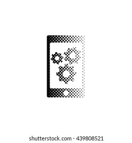 phone with gears and cogs - black vector icon;  halftone illustration
