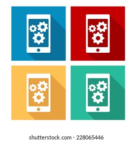 phone with gears and cogs - flat icon with long shadow