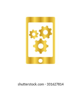 phone with gears and cogs - gold vector icon