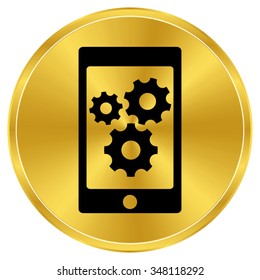 phone with gears and cogs - gold vector icon