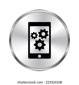 phone with gears and cogs  icon - vector brushed metal button