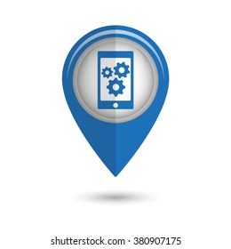 phone with gears and cogs - vector icon;  blue map pointer