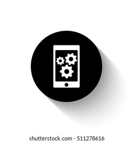 phone with gears and cogs - white vector icon  with shadow