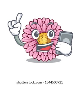 With phone gerbera flower pot above character table