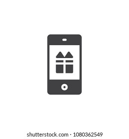 Phone with gift box vector icon. filled flat sign for mobile concept and web design. Present on mobile phone simple solid icon. Symbol, logo illustration. Pixel perfect vector graphics