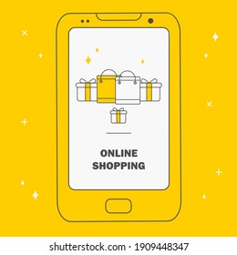 Teléfono con icono de regalo en la pantalla. Solicitar en línea. Compra con un solo clic. Comprar en línea. Medios de comercio electrónico y mercado. Ilustración vectorial de moda