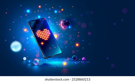 Un teléfono es un regalo para un ser querido. El corazón del píxel en la pantalla del teléfono. Un hermoso teléfono colgando en la oscuridad. Brillantes lentejuelas y bolas de Navidad alrededor del smartphone. Corazón del amor en la pantalla del smartphone