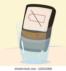 phone in glass of water with a low battery indicator on it's display