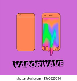 Phone with glitched melted screen. Surreal psychedelic vaporwave illustration.