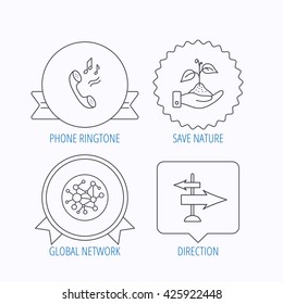 Phone, global network and direction icons. Save nature linear sign. Award medal, star label and speech bubble designs. Vector