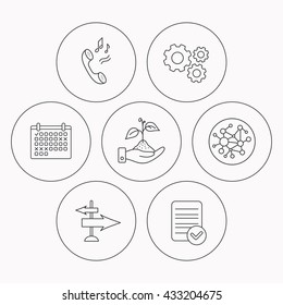 Phone, global network and direction icons. Save nature linear sign. Check file, calendar and cogwheel icons. Vector