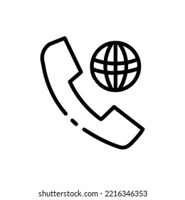 Phone with globe line icon. Phone, handset, calls all over the planet, communication, geolocation, gps. Contact us concept. Vector black line icon on a white background