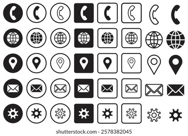 Phone, Globe, Location, Gmail and Setting vector Icon set